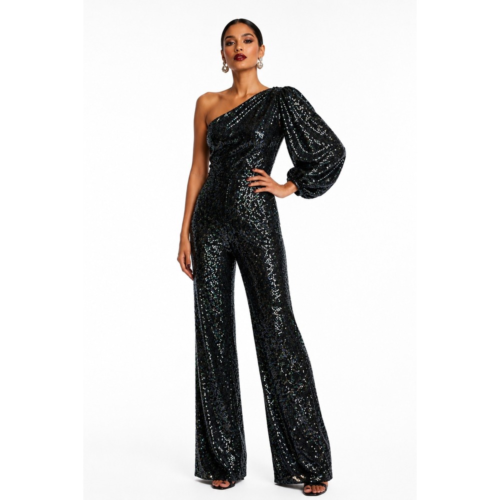 Saloni Lily Holiday Black Sequin One Shoulder Jumpsuit Puff Sleeve Wide Leg US 2